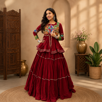 Navratri Gamthi Work Cotton Lehenga Choli with Koti | 9 Meter Flair Mirror Work | Women's Garba Dress