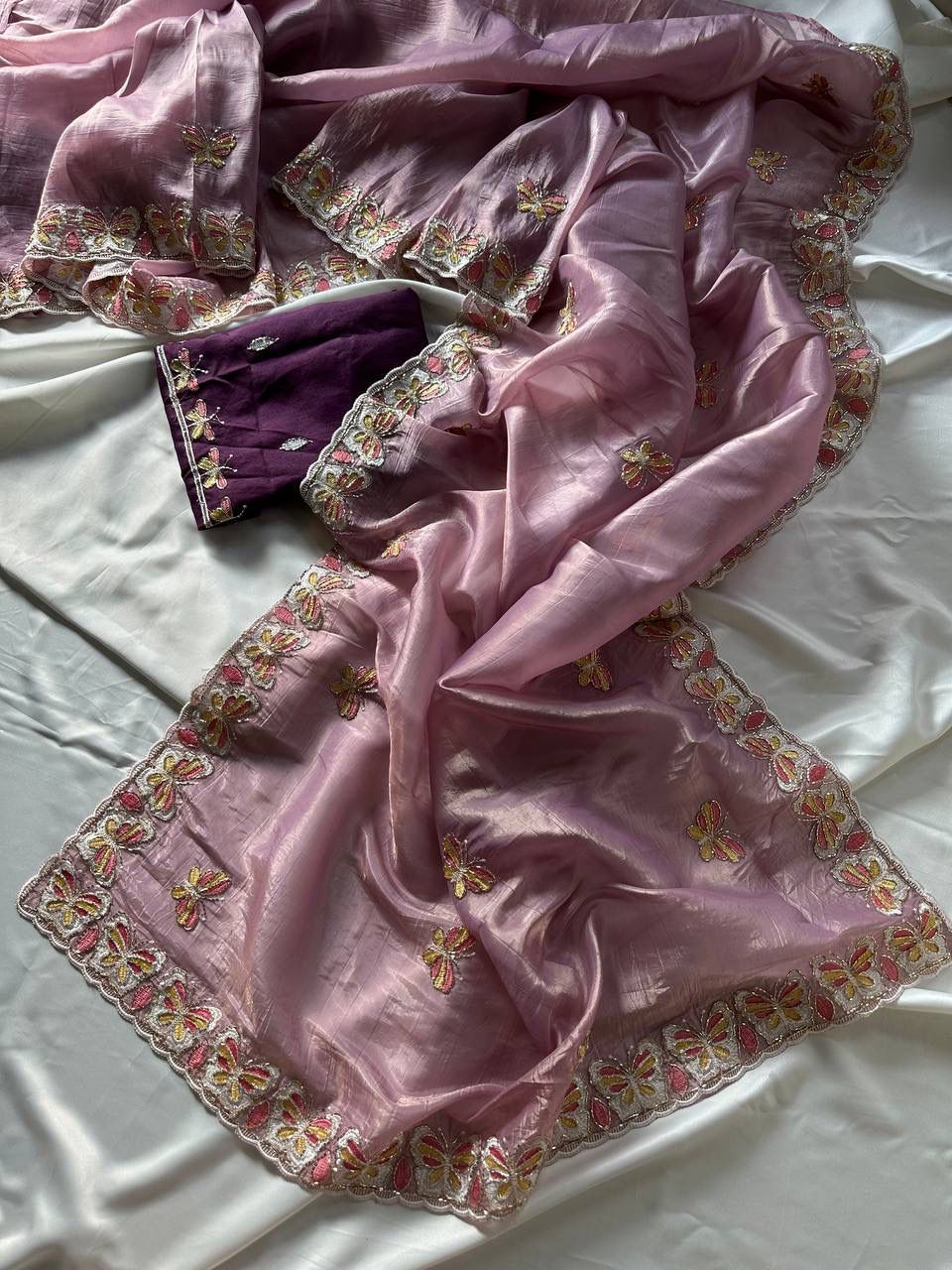 Radha Butterfly Motif Embroidered Crushed Organza Saree