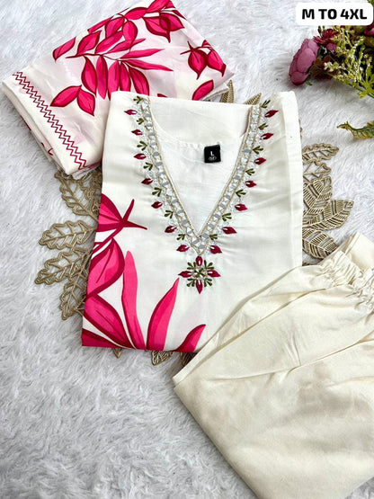 Best Seller Muslin Silk Kurti Pant Dupatta Set | Floral Print | M–4XL