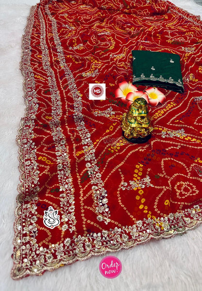 Red Bandhani Style Saree with Gota Embroidered Border – Festive Wear