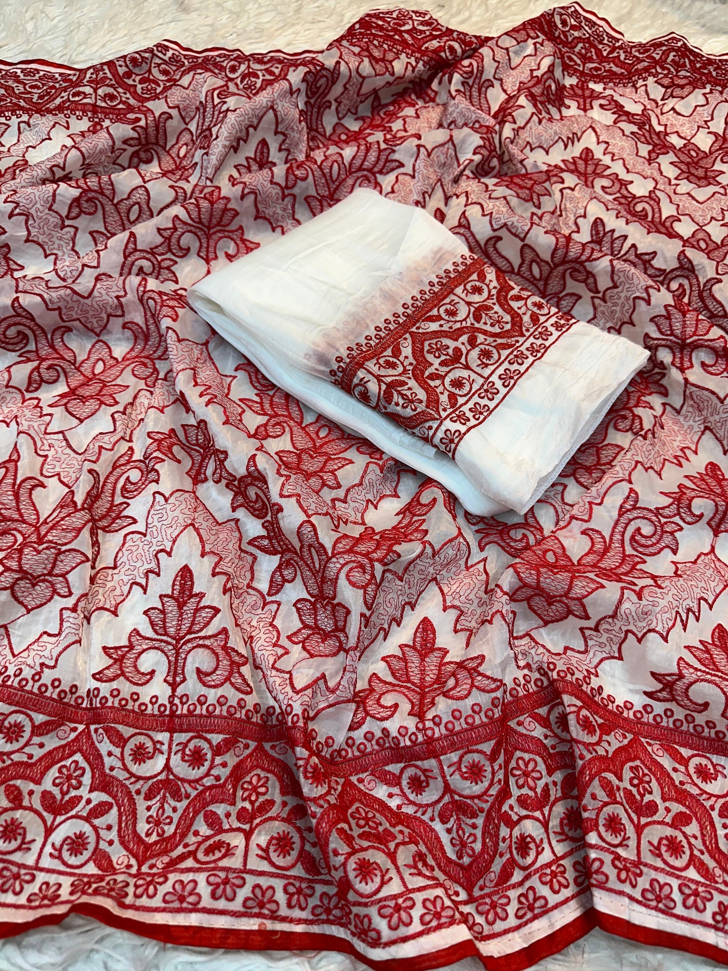 White Red Crush Silk Embroidery Saree