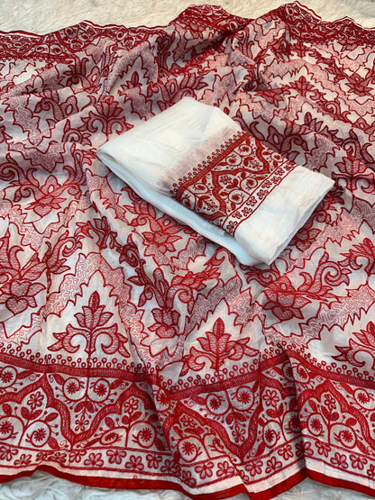 White Red Crush Silk Embroidery Saree