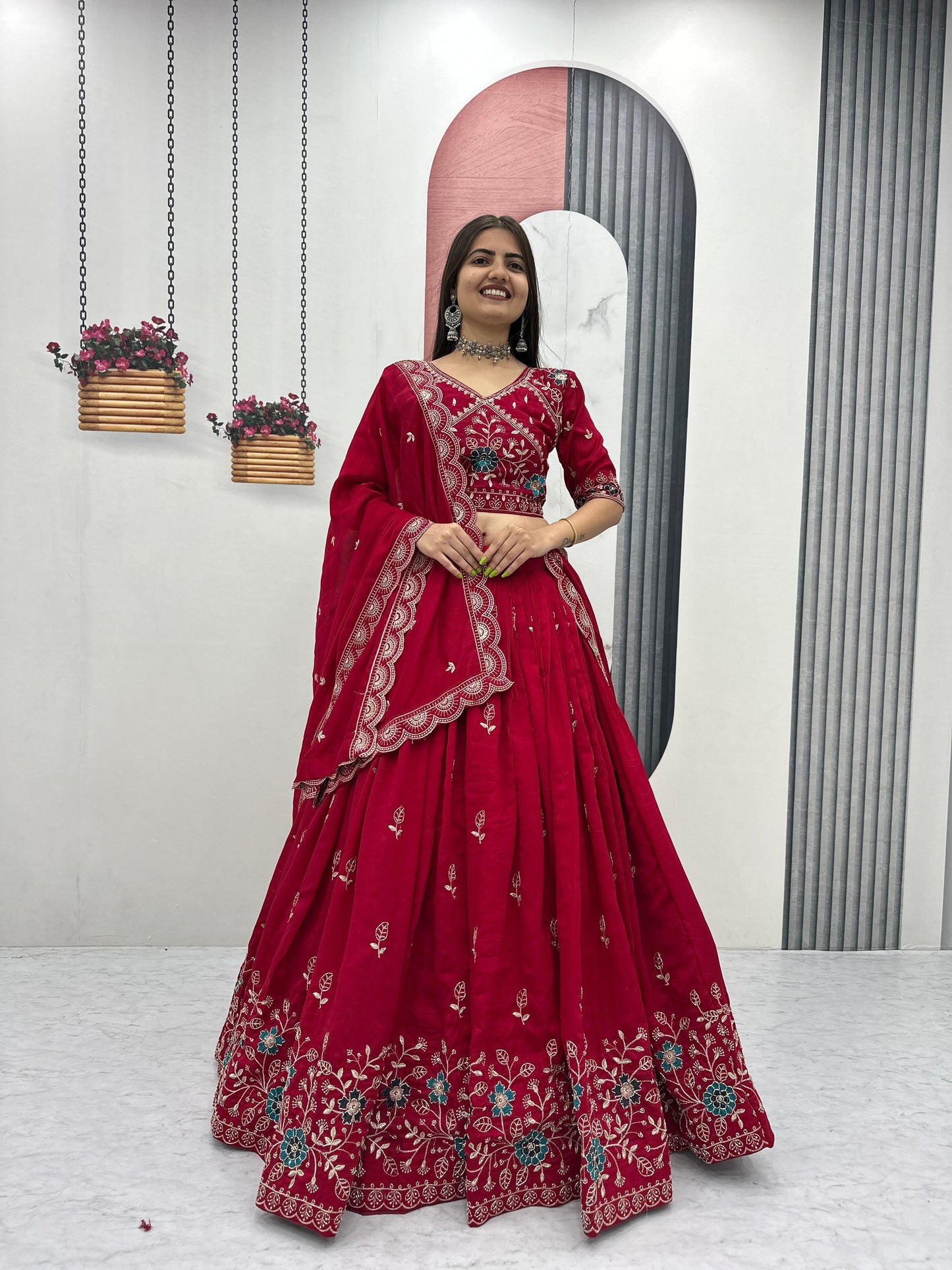 Festival Wear Vichitra Silk Embroidered Lehenga Choli Set