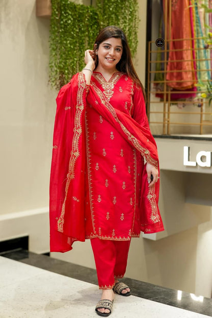 Festival Special Chanderi Embroidered Kurti Set with Dupatta