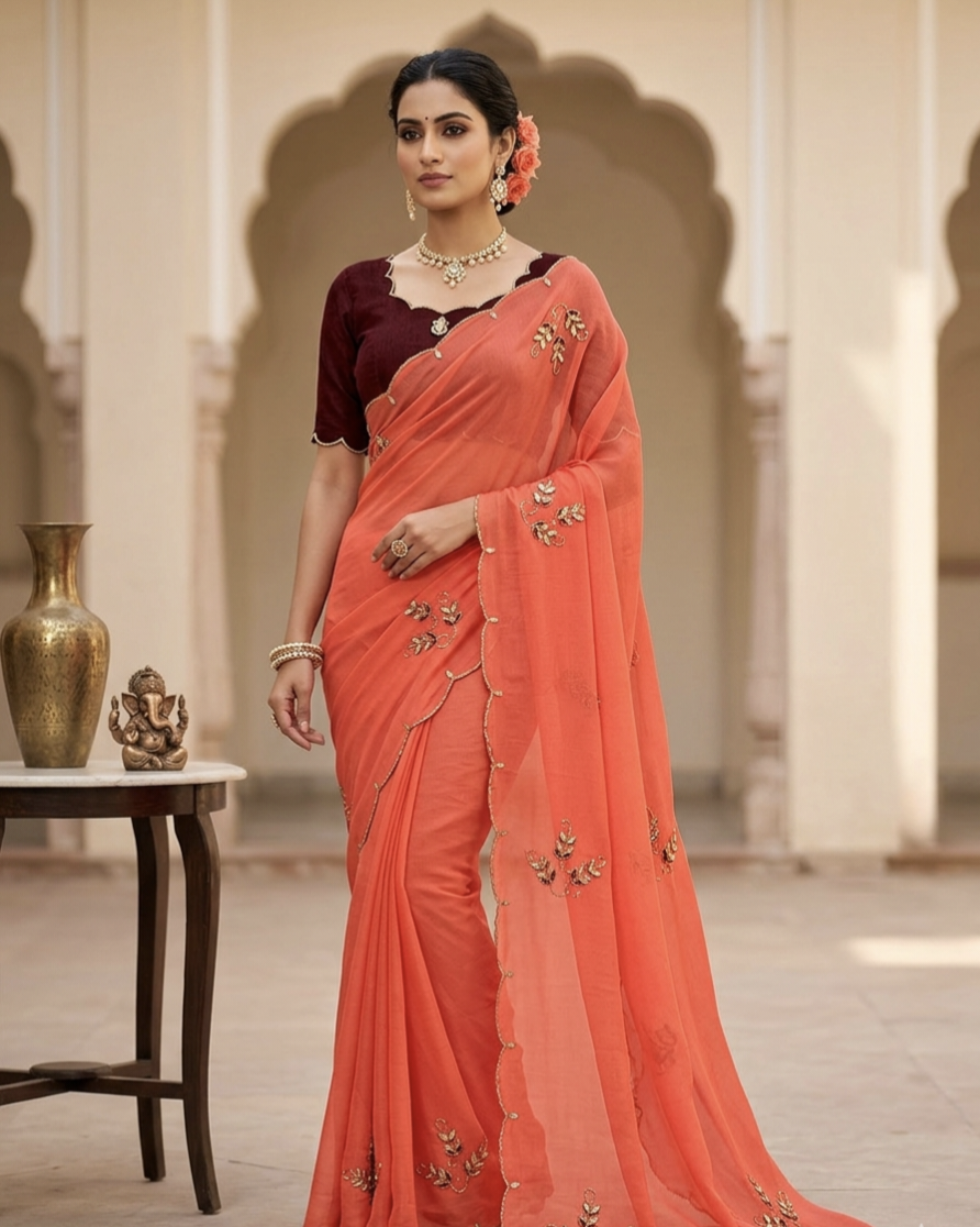 Premium Chiffon Saree with Scalloped Border & Embroidery Work – Elegant Party Wear