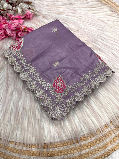 Blooming Chocolate Silk Embroidery Designer Saree With Unstitched Blouse