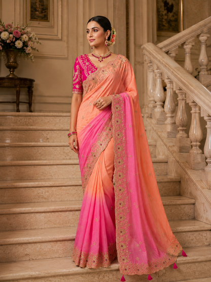 Soft Space Silk Shaded Saree with Hand Mina, Sequins & Zari Embroidery | Full Stitch Blouse