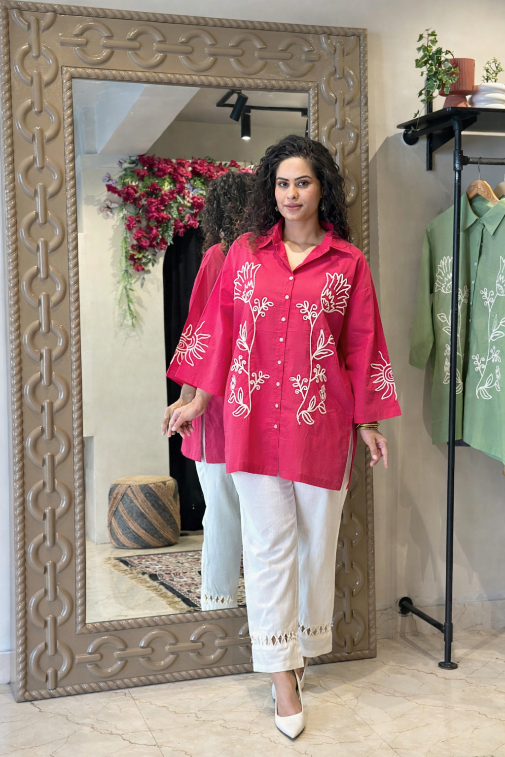 Premium Cotton Embroidered Cord-Set for Women – Designer Shirt Top with Pant (Purple & Pink)