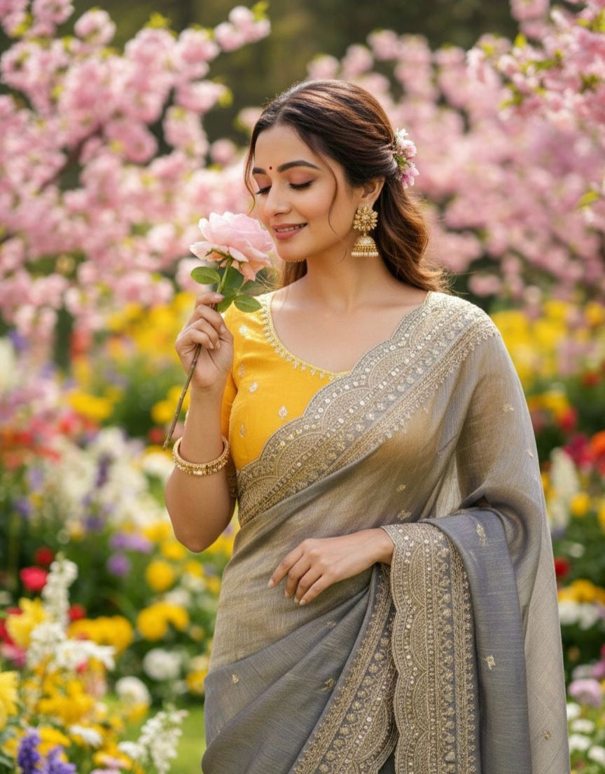 Elegant Space Chiffon Embroidery Saree with Scallop Border