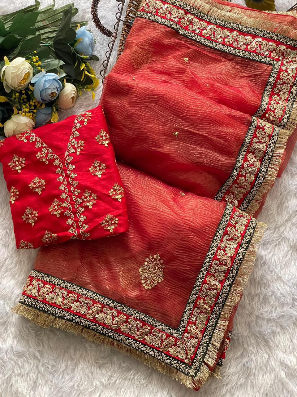 Heavy Soft Banarasi Crush Silk Saree With Embroidery Sequence & Coding Work Border