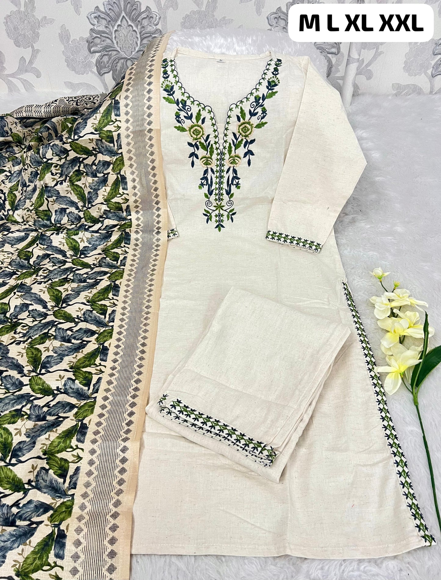 Designer Khadi Cotton Kurti Pant Set with Embroidered Work & Silk Dupatta – Elegant Daily & Festive Wear (Cream)