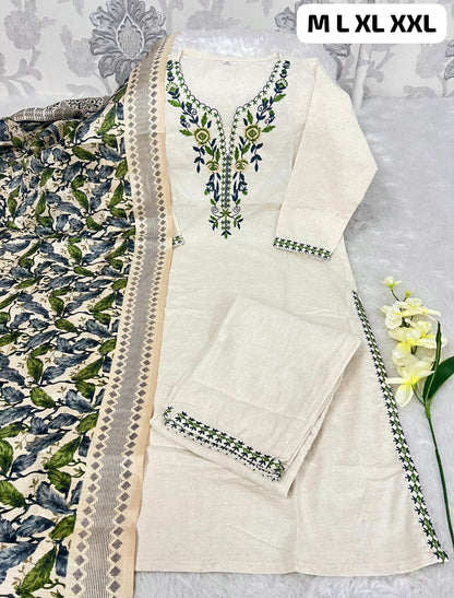Designer Khadi Cotton Kurti Pant Set with Embroidered Work & Silk Dupatta – Elegant Daily & Festive Wear (Cream)
