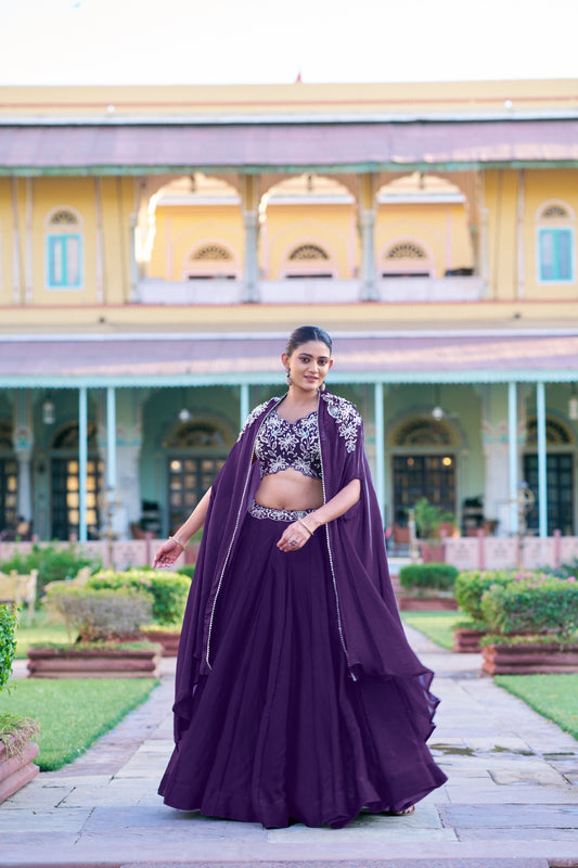 Elegant Cape Style Fendi Silk Lehenga Set