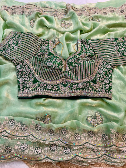 Sabyasachi Inspired Space Silk Saree with Butterfly Embroidery & Stitched Blouse