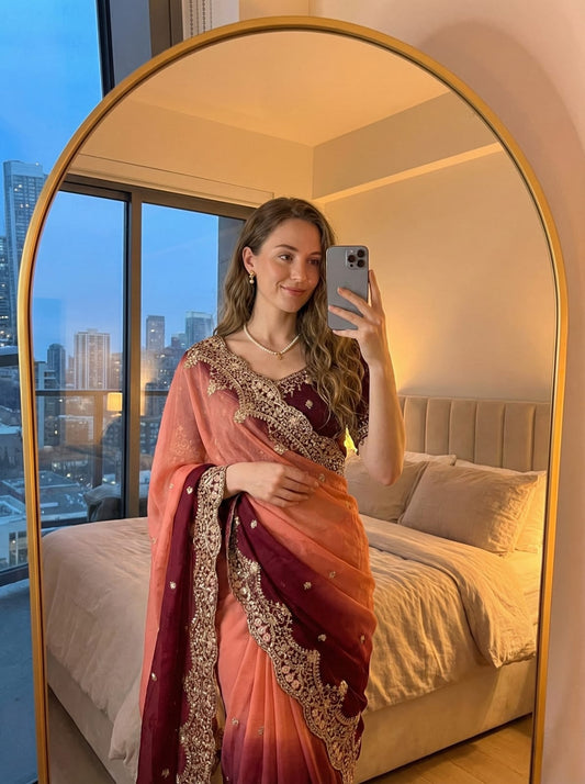 Shipra Moss Embroidery Saree With Stitched Blouse