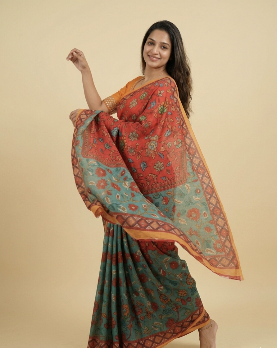 Designer Chinon Digital Print Mirror Work Saree Collection