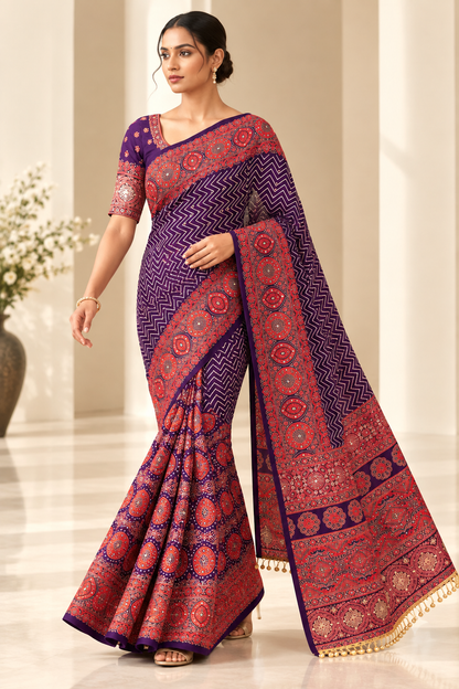 Pure Arjakh Satin Viscose Silk Saree with Original Mirror Work, Designer Print & Blouse