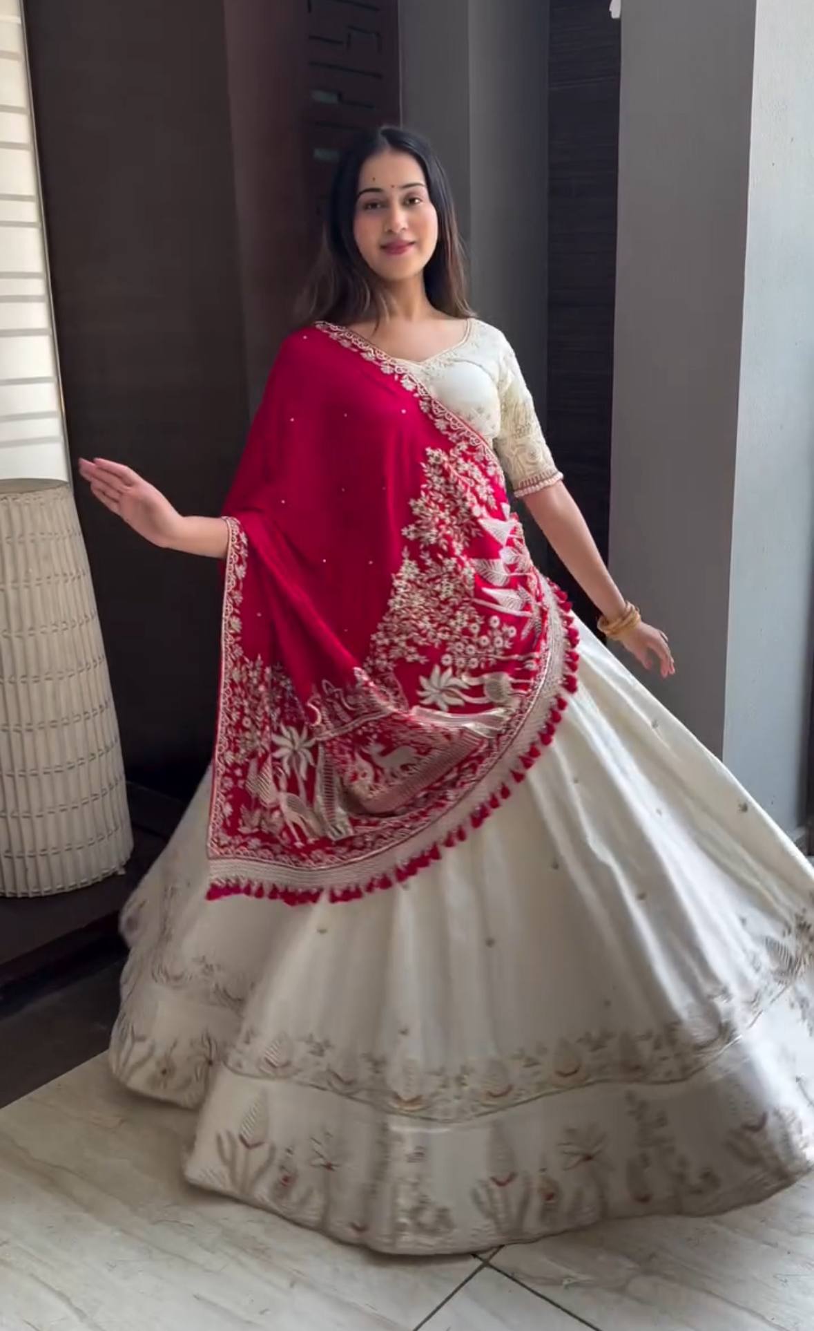 White Red Vichitra Silk Lehenga Choli