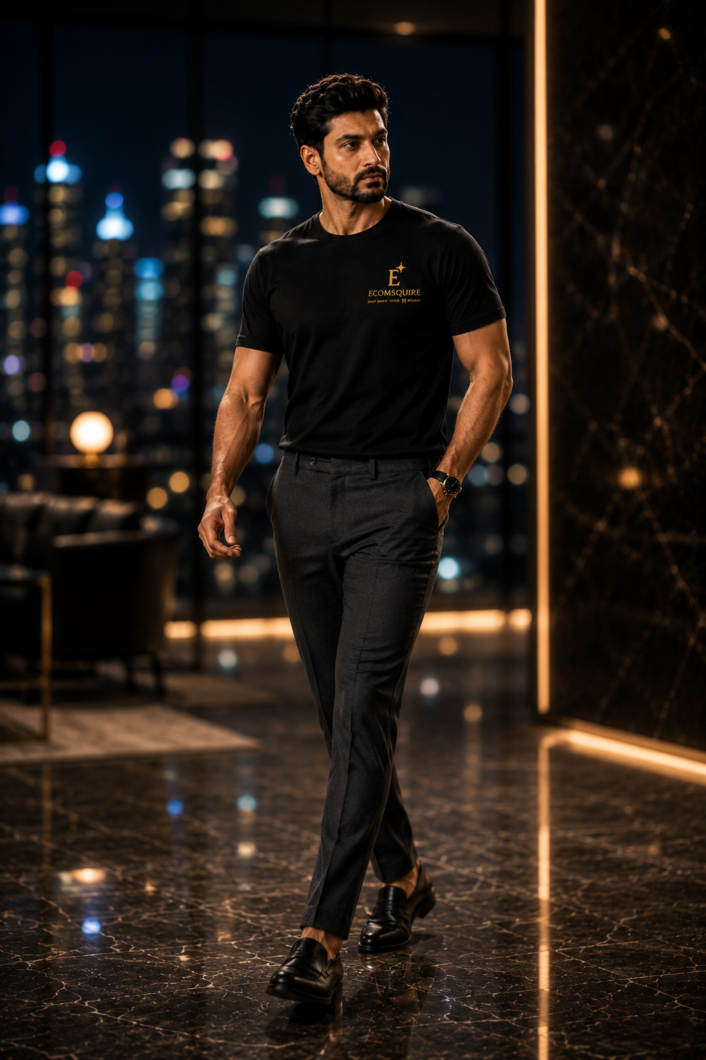 Ecomsquire Premium Black Crew Neck T-Shirt | Gold Logo Edition
