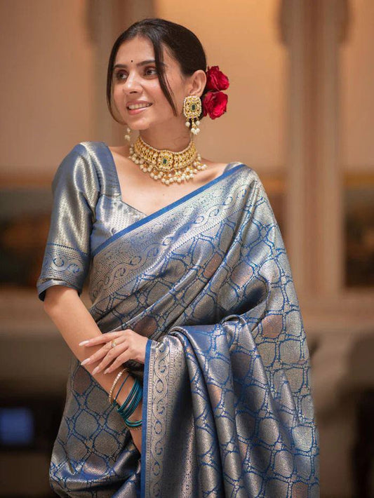 Silver Blue Zari Work Saree