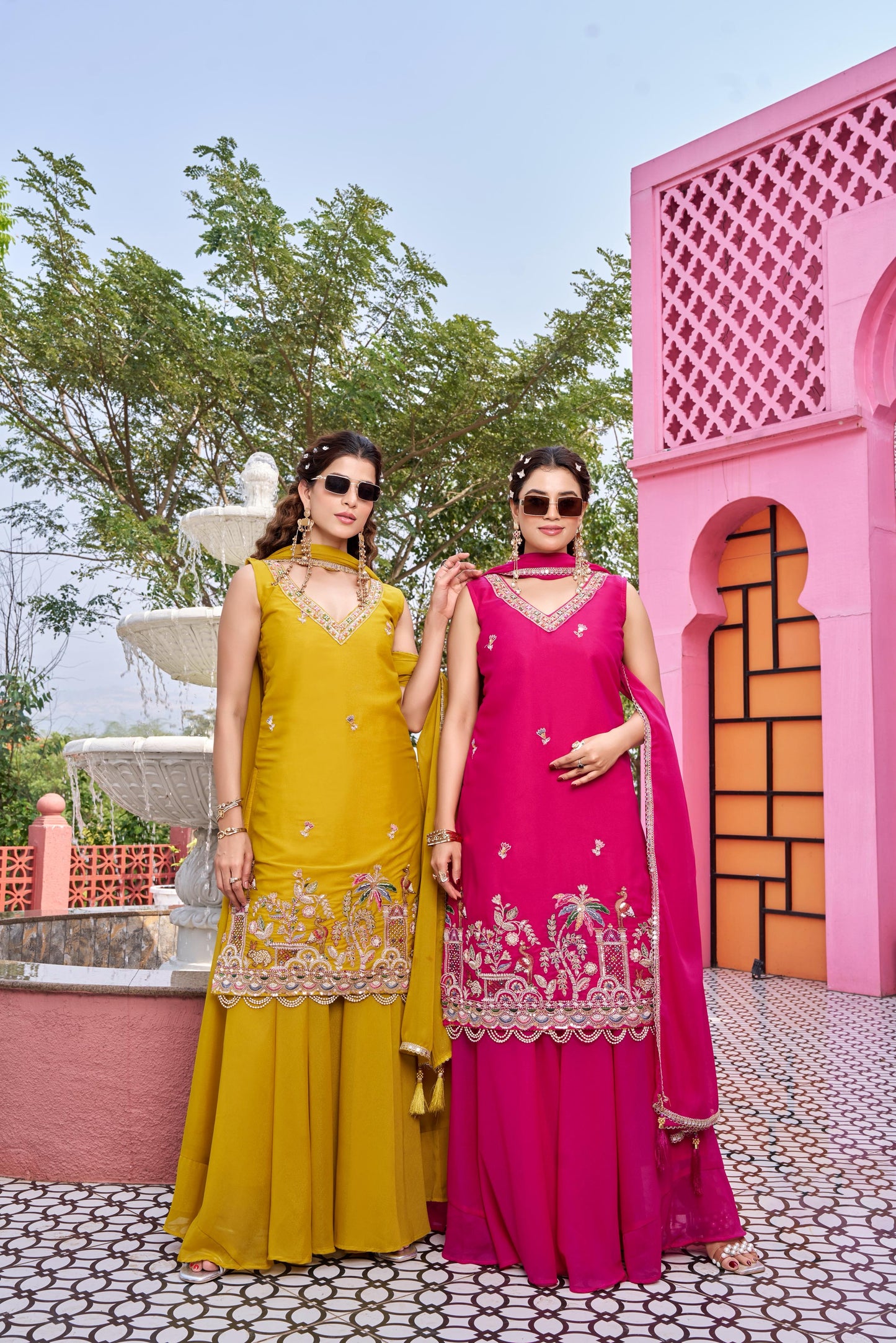 Haldi Special Designer Kurti Plazzo Dupatta Set with Moti & Embroidery Work