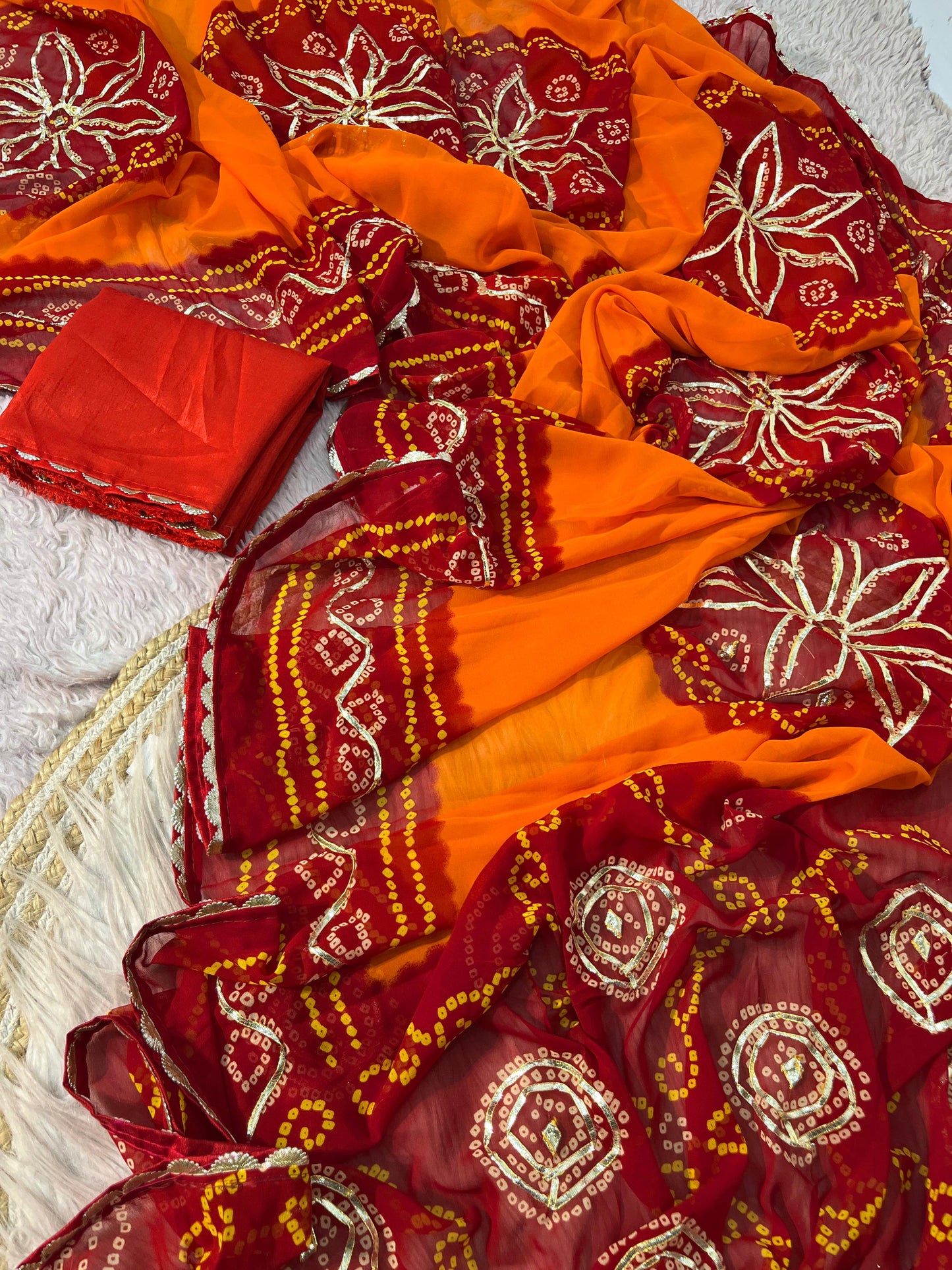 Traditional Georgette Bandhej Piliya Saree with Red Pallu & Kacchi Gota Patti Work