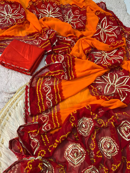 Traditional Georgette Bandhej Piliya Saree with Red Pallu & Kacchi Gota Patti Work