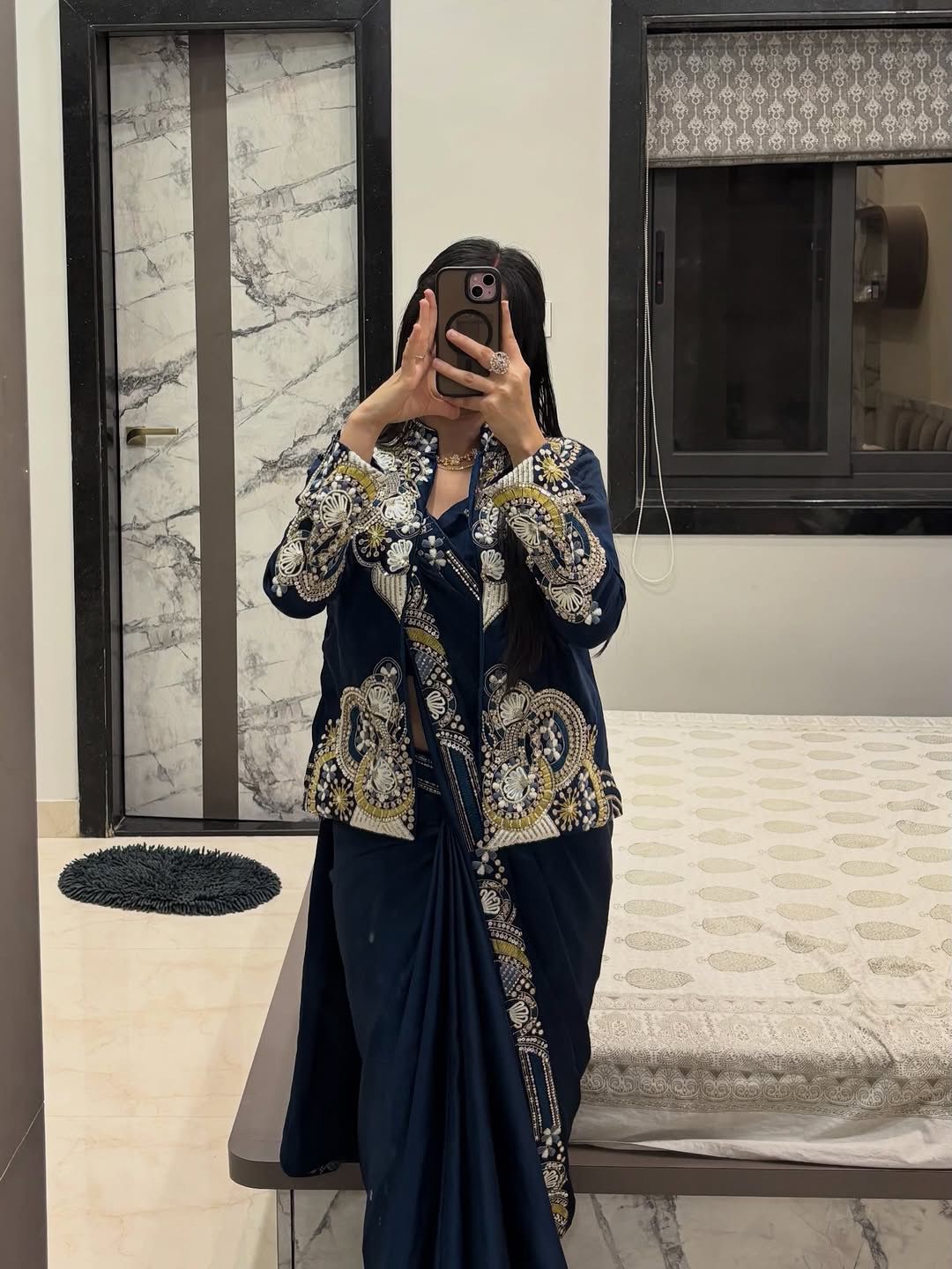 Ready to Wear Crepe Saree with Embroidery Sequence Jacket (Full Stitched)