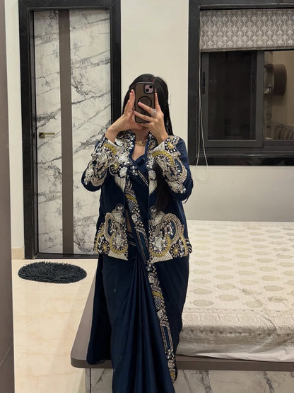 Ready to Wear Crepe Saree with Embroidery Sequence Jacket (Full Stitched)