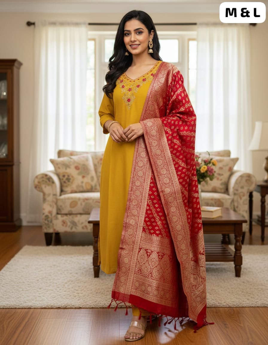 Designer Roman Silk Kurti Pant Set with Heavy Jacquard Dupatta – Festive Wear (Yellow & Red)