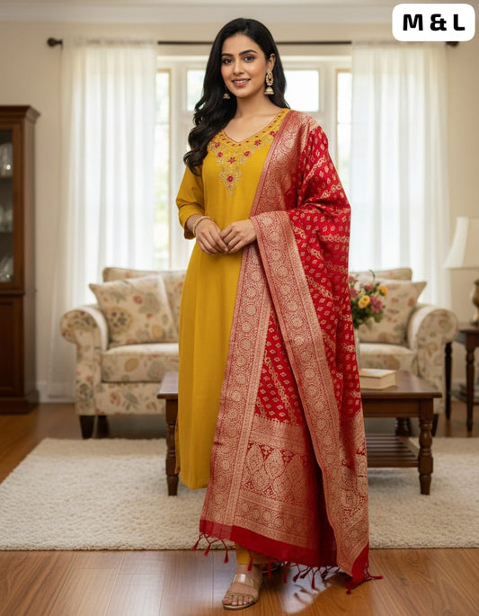 Designer Roman Silk Kurti Pant Set with Heavy Jacquard Dupatta – Festive Wear (Yellow & Red)