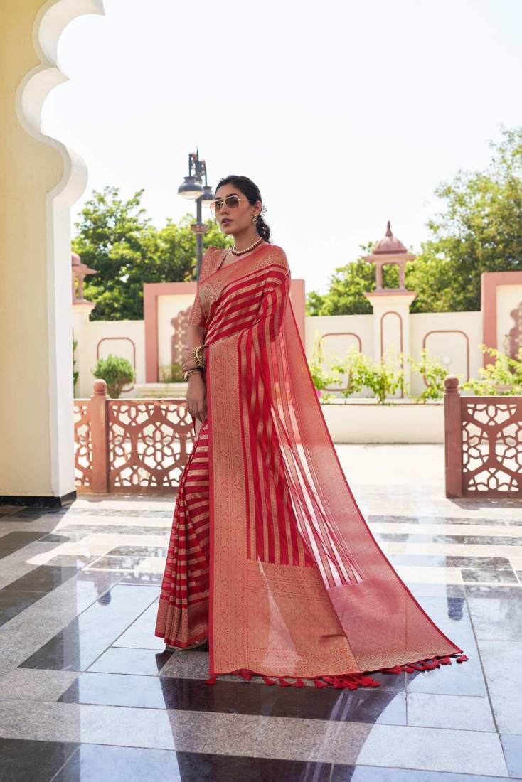 Red Striped Zari Work Saree