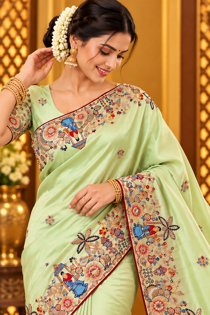 Premium Cosmos Silk Saree with Heavy Thread Embroidery, Zari & Sequin C-Pallu Work