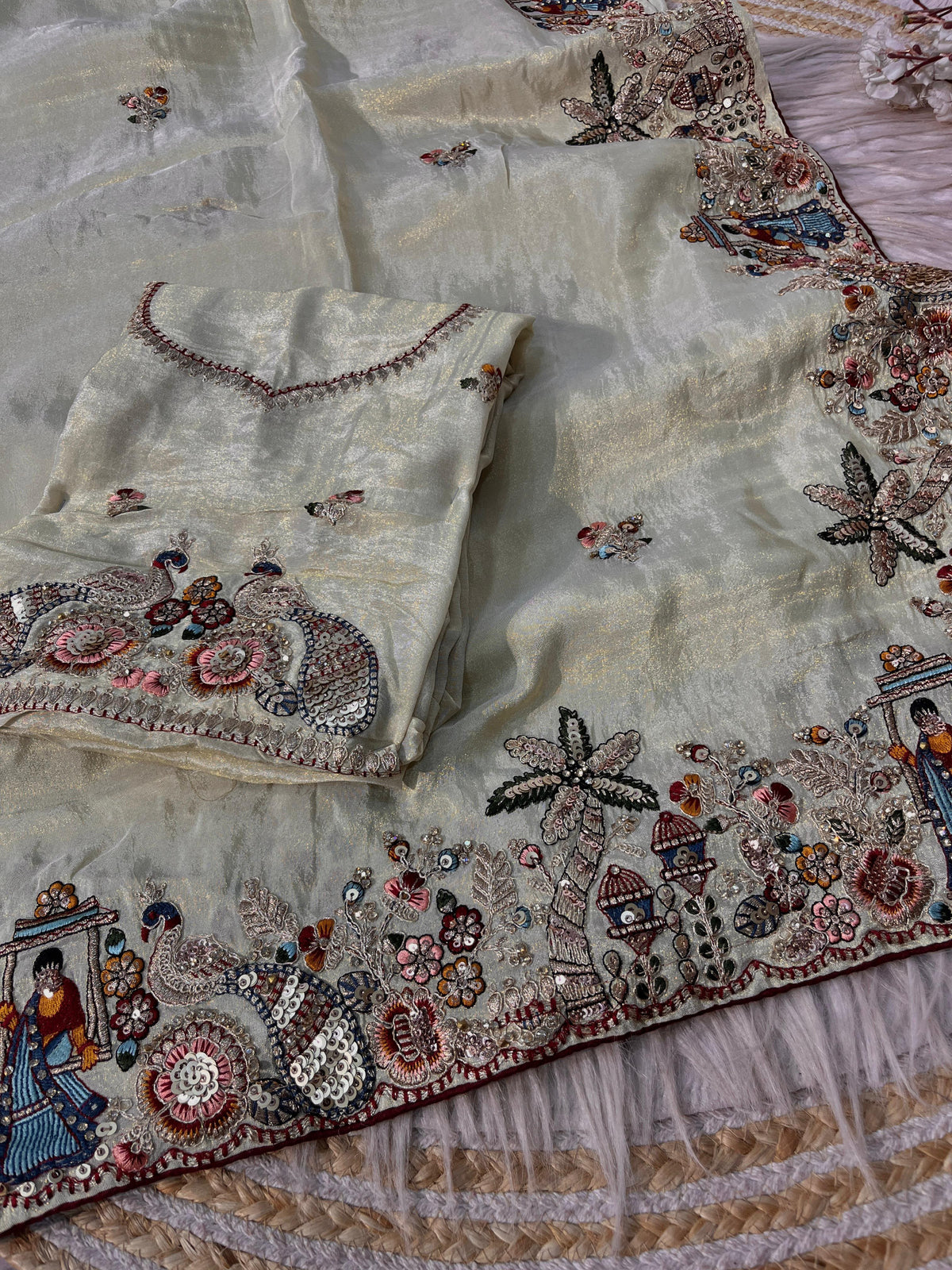 Premium Cosmos Silk Saree with Heavy Thread Embroidery, Zari & Sequin C-Pallu Work