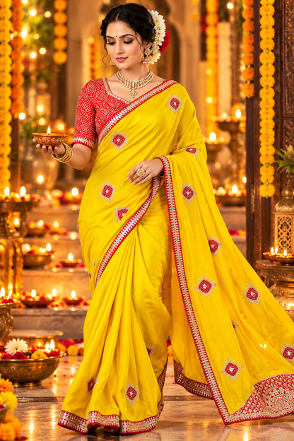 Chinon Saree with Heavy Bandhej Patch Butta & Gotapatti Work