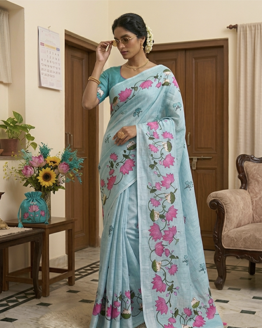 Premium Linen Cotton Floral Print Saree With Tassels & Blouse Piece | Soft Lightweight Daily Wear Saree