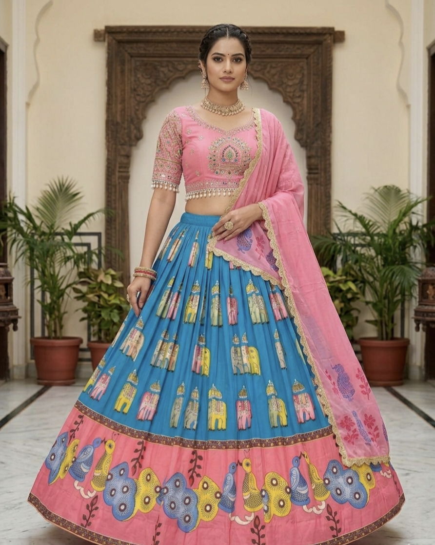 Festival Special Kalamkari Printed Lehenga Choli with Embroidery Blouse & Dupatta