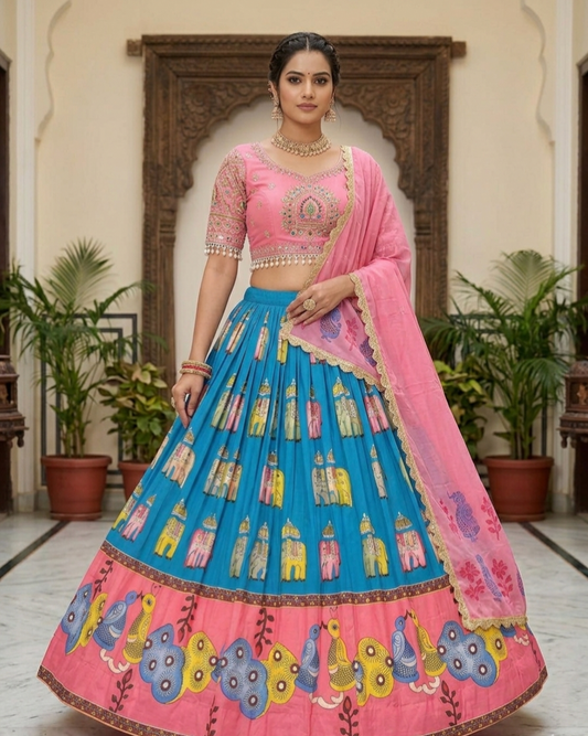 Festival Special Kalamkari Printed Lehenga Choli with Embroidery Blouse & Dupatta