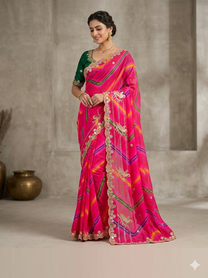 Premium Pink Organza Silk Saree with Heavy Embroidery & Mirror Work | Designer Party Wear Saree