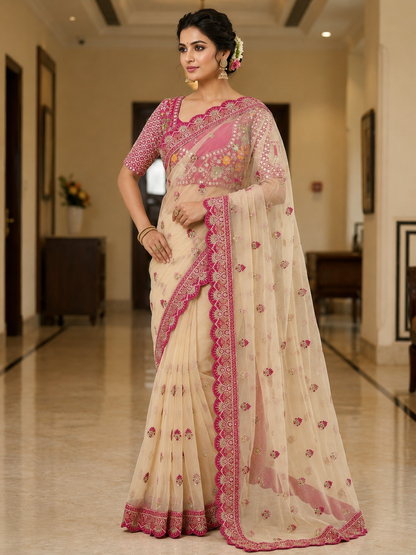 Soft Butterfly Net Saree with Sequins & Multi Thread Embroidery | Full Stitch Blouse