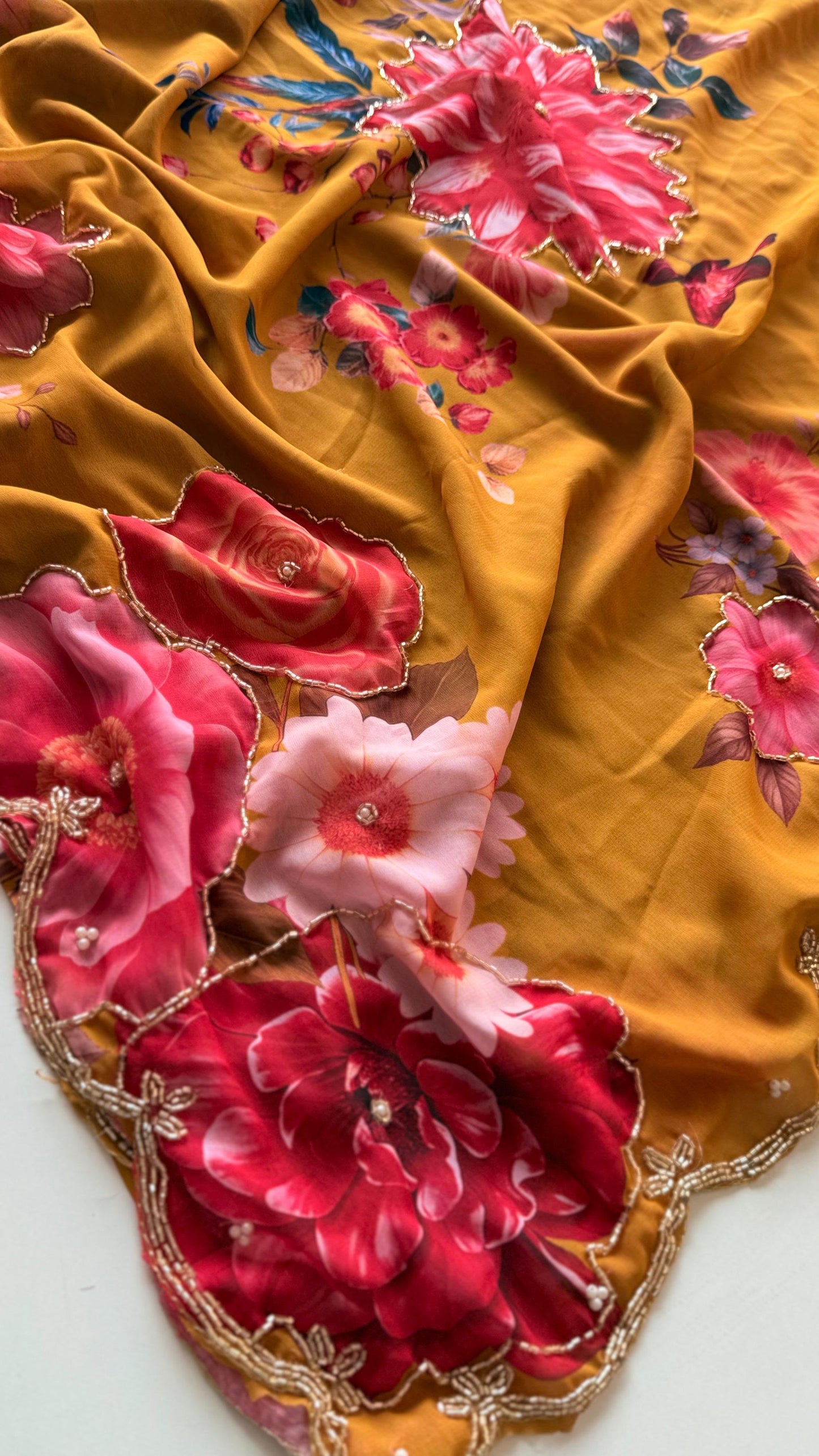 Guldasta Pure Georgette Silk Saree with Digital Floral Print & Cutdana Work