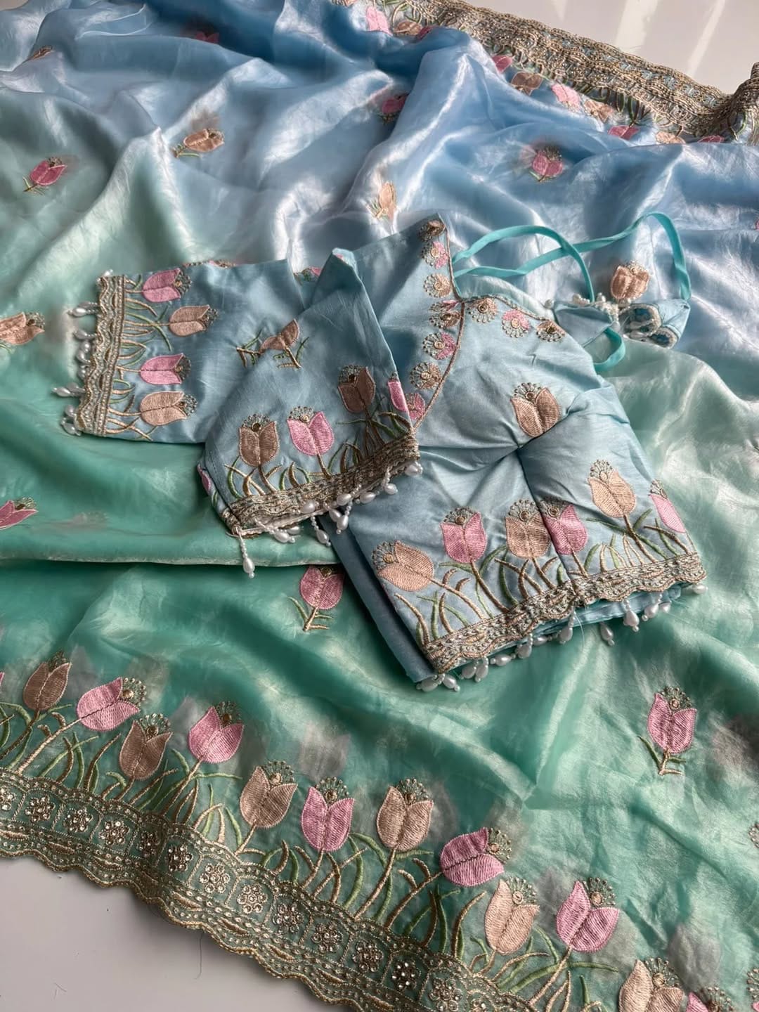 Lotus Soft Fendy Satin Saree With Embroidery Sequence & Thread Work Border