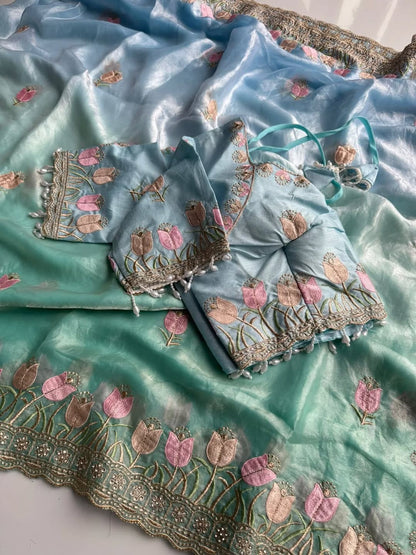 Lotus Soft Fendy Satin Saree With Embroidery Sequence & Thread Work Border
