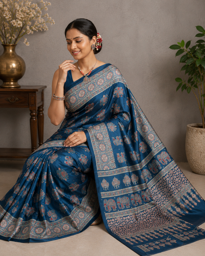 Elegant Ajrakh Pure Gajji Bandhej Soft Silk Saree With Mirror Work