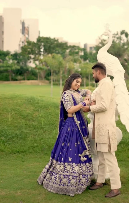 Royal Blue Chinon Embroidered Festival Lehenga Choli