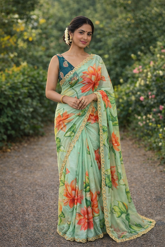 Pure Soft Teby Silk Floral Print Saree with Khatli Moti Border & Designer Blouse
