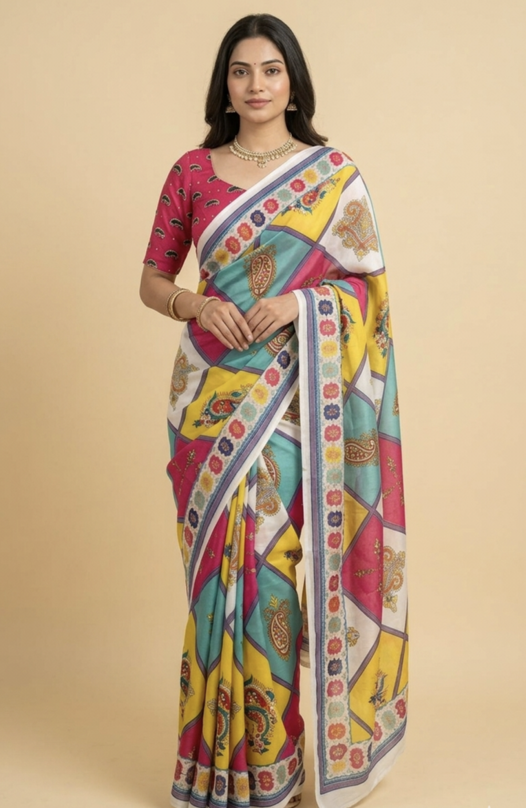 Designer Chinon Digital Print Mirror Work Saree Collection