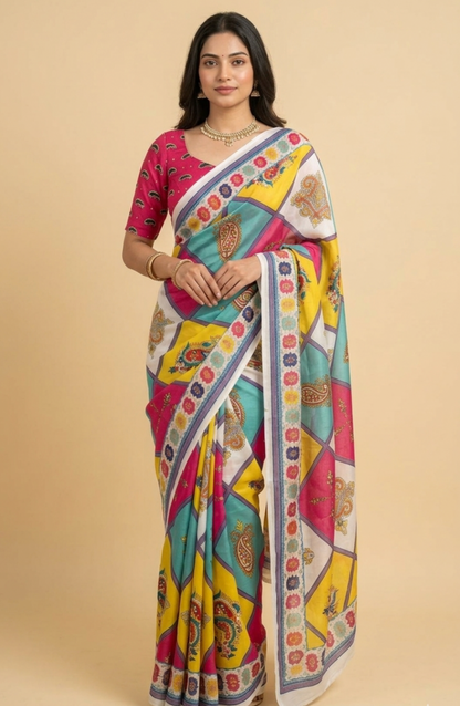 Designer Chinon Digital Print Mirror Work Saree Collection