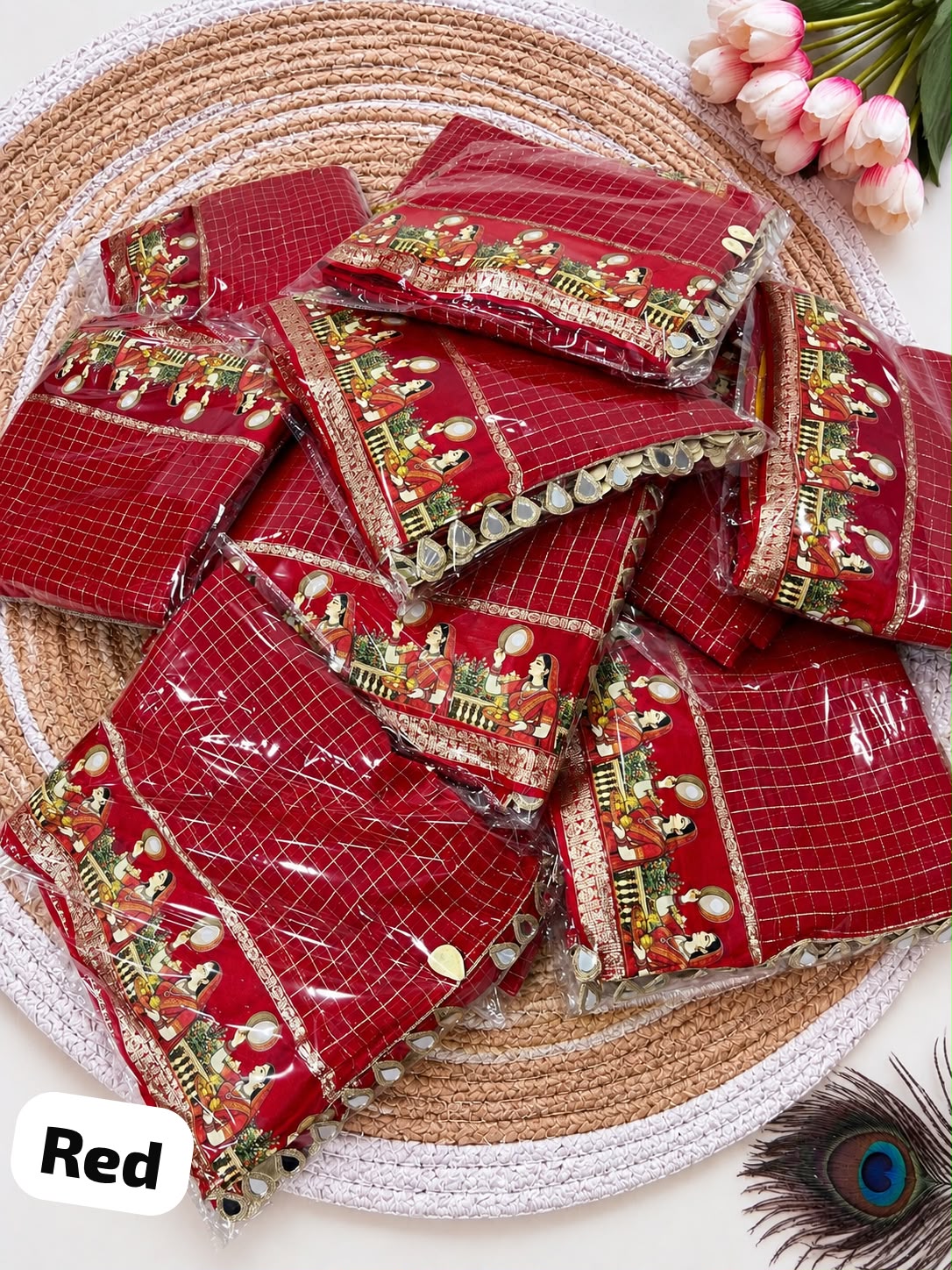 Karwa Chauth Special Viscose Checks Saree with Zari & Mirror Work Satin Border