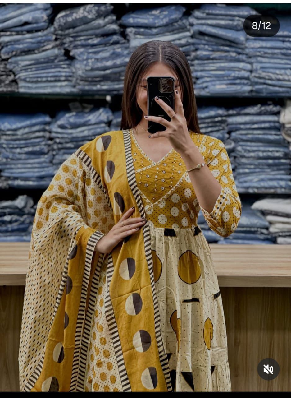 Women's Printed Cotton Anarkali Kurta Pant Dupatta Set with Sequence Work